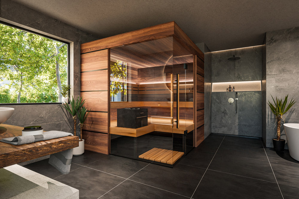 ThermaSol Astra - Glass and Wood Panel Corner Layout, 3-4 Person, Indoor Sauna - Art of Spas