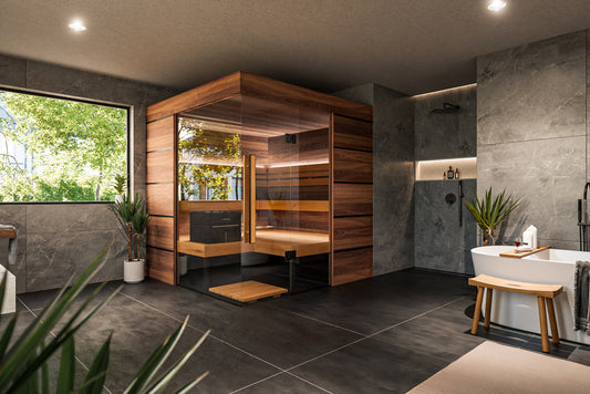 ThermaSol Astra - Glass and Wood Panel Corner Layout, 3-4 Person, Indoor Sauna - Art of Spas