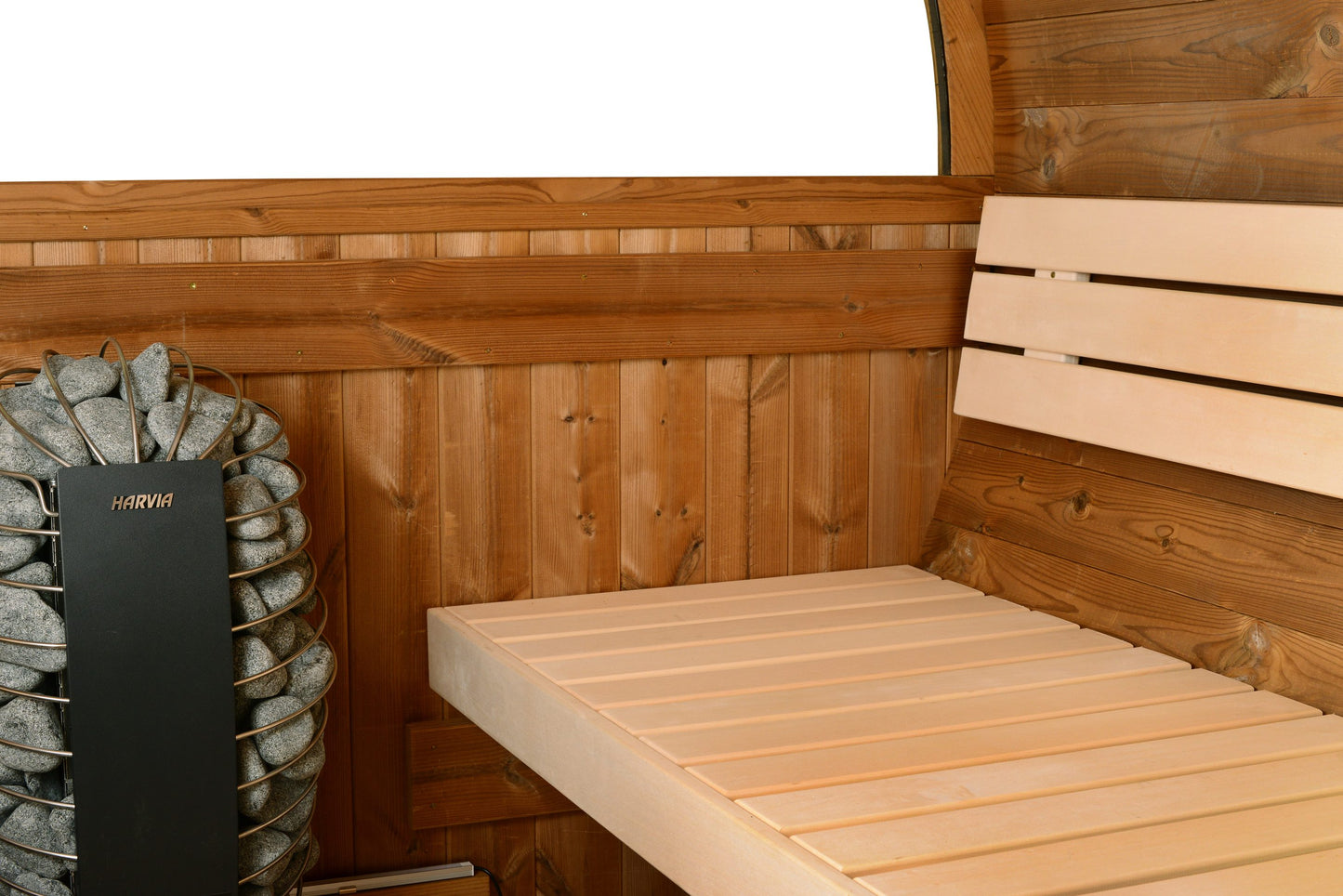 ThermaSol Evander - Nordic Pine, 4-6 Person, Half-Moon Window, Outdoor Canopy Barrel Sauna - Art of Spas