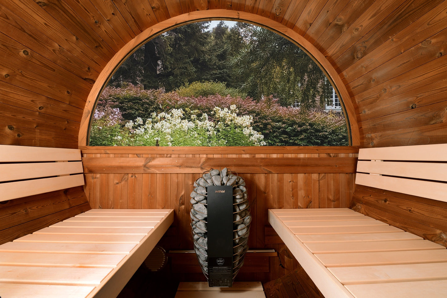 ThermaSol Evander - Nordic Pine, 4-6 Person, Half-Moon Window, Outdoor Canopy Barrel Sauna - Art of Spas