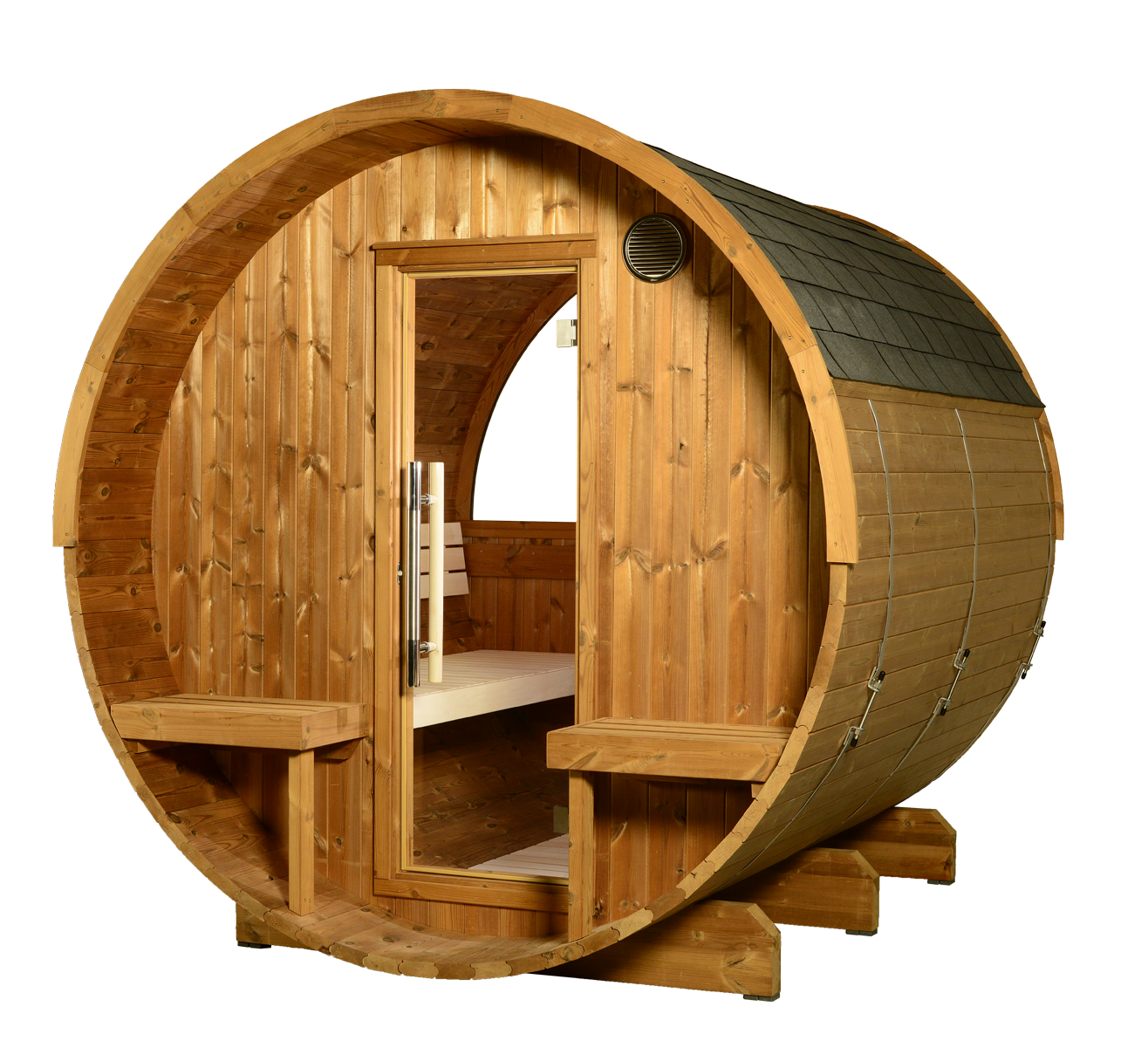 ThermaSol Evander - Nordic Pine, 4-6 Person, Half-Moon Window, Outdoor Canopy Barrel Sauna - Art of Spas