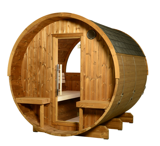 ThermaSol Evander - Nordic Pine, 4-6 Person, Half-Moon Window, Outdoor Canopy Barrel Sauna - Art of Spas