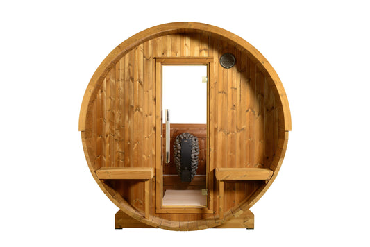 ThermaSol Evander - Nordic Pine, 4-6 Person, Half-Moon Window, Outdoor Canopy Barrel Sauna - Art of Spas
